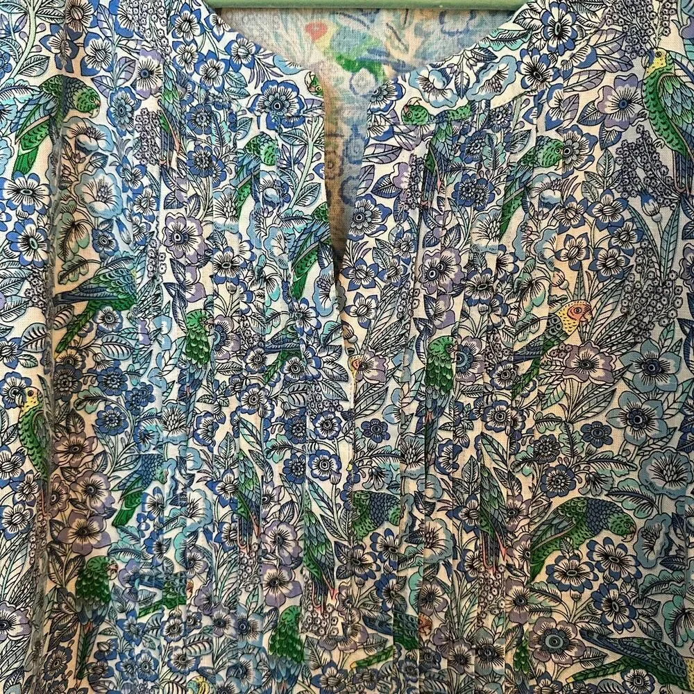 J. Jill Blue Tropical Birds & Botanical Print Woven Linen Blend Top Size Large